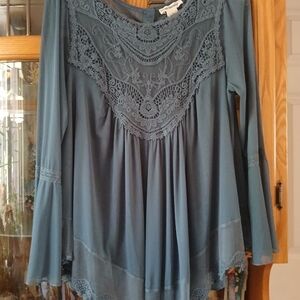 Blue Lace Bell Sleeve Blouse